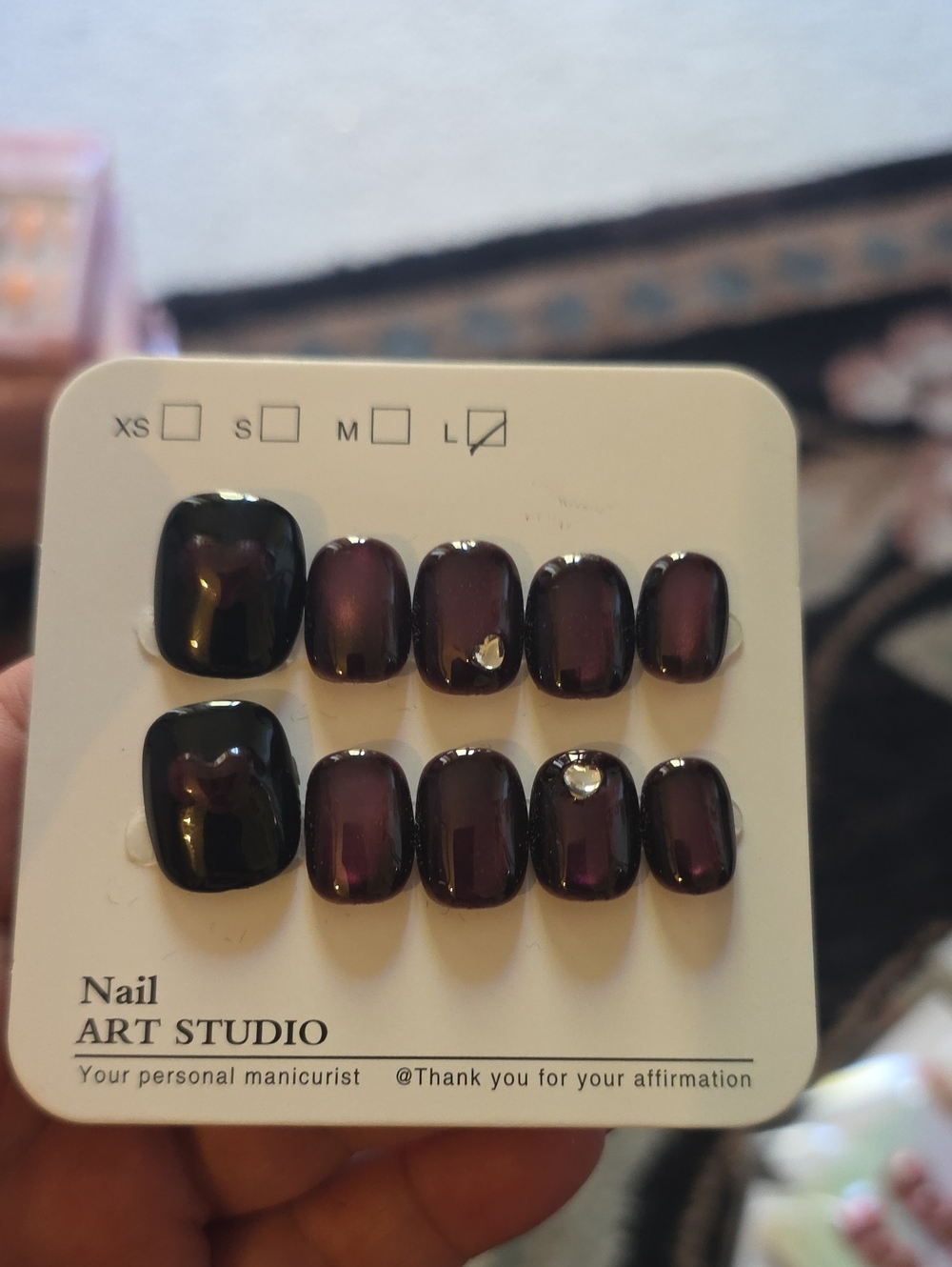 Press-On Nails – Deep Plum with Rhinestone Accents Size Large